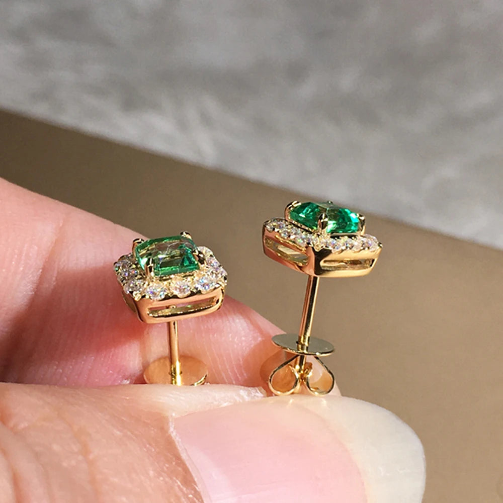 Luxury Green CZ Stud Earrings - Gold Elegant Bride Wedding Jewelry