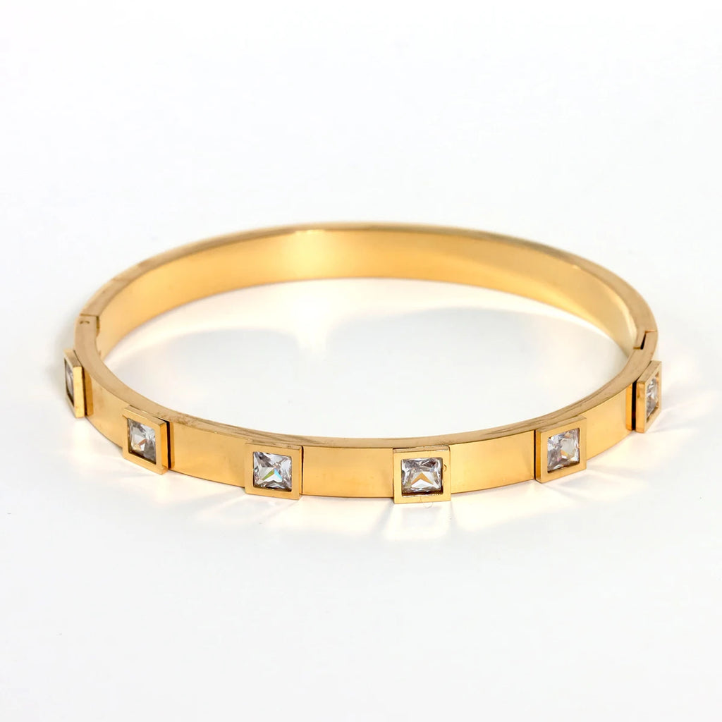 Elegant Gold Zircon Bangle - Stainless Steel & Retro Design