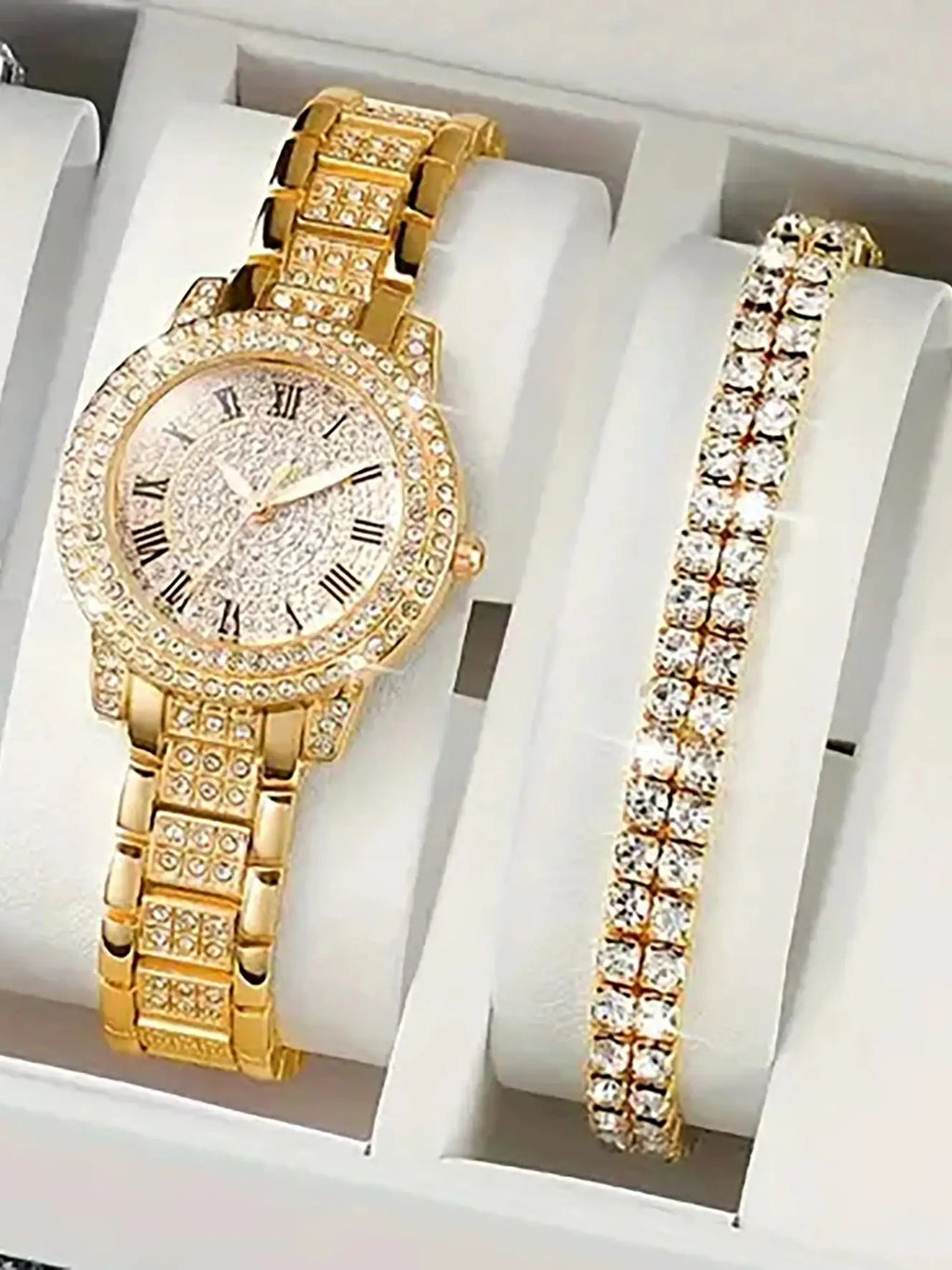 Elegant Diamond Roman Quartz Watch & Bracelet Set