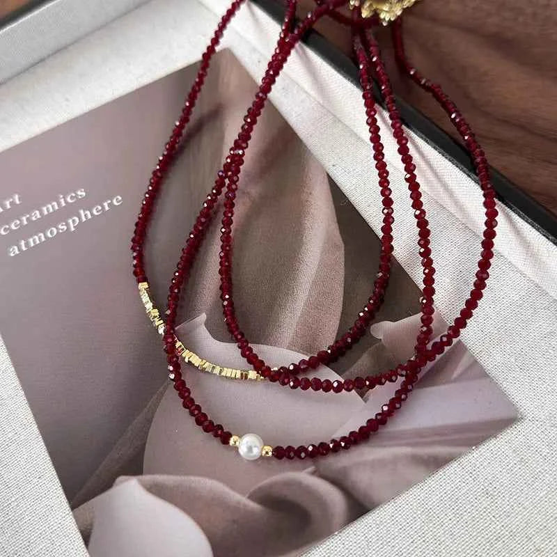 Elegant Red Pearl Glass Bead Necklace - Luxury Collarbone Chain