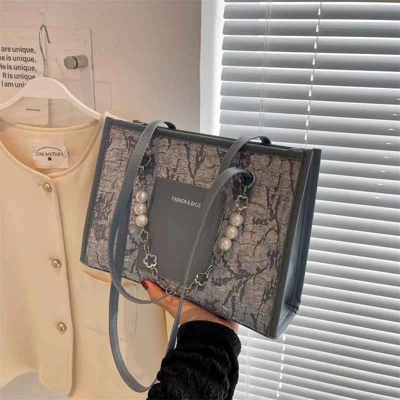 Elegant Large Capacity Tote Bag with Pearl Chain