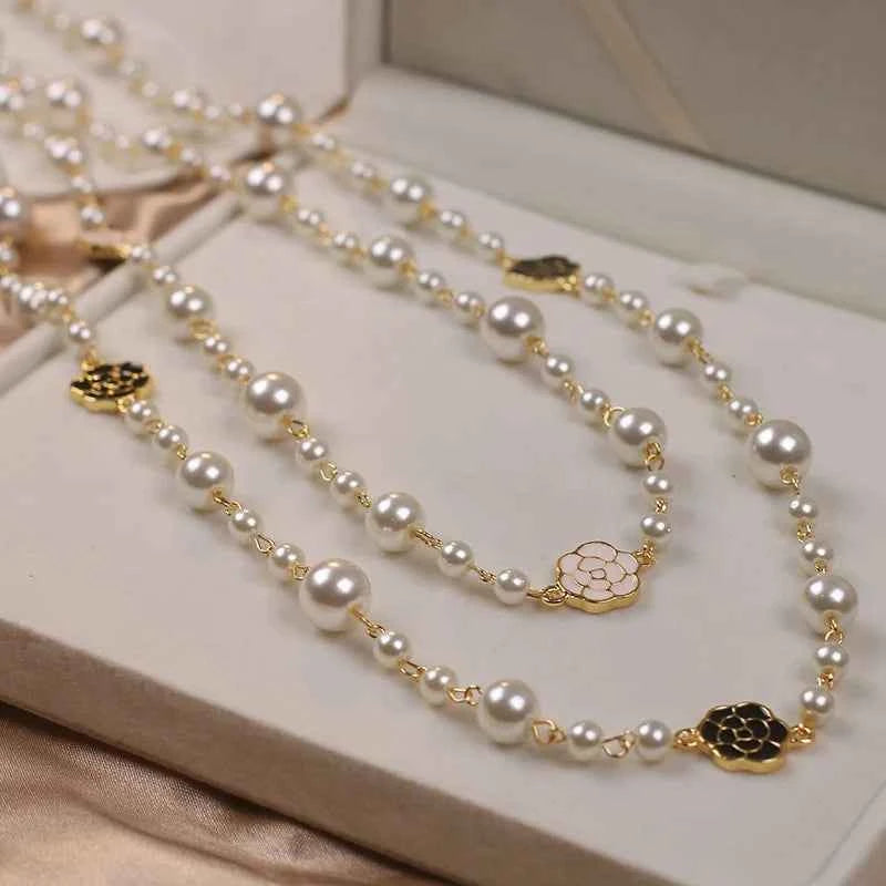 Elegant Long Pearl Necklace - Multilayer Camellia Flower Design