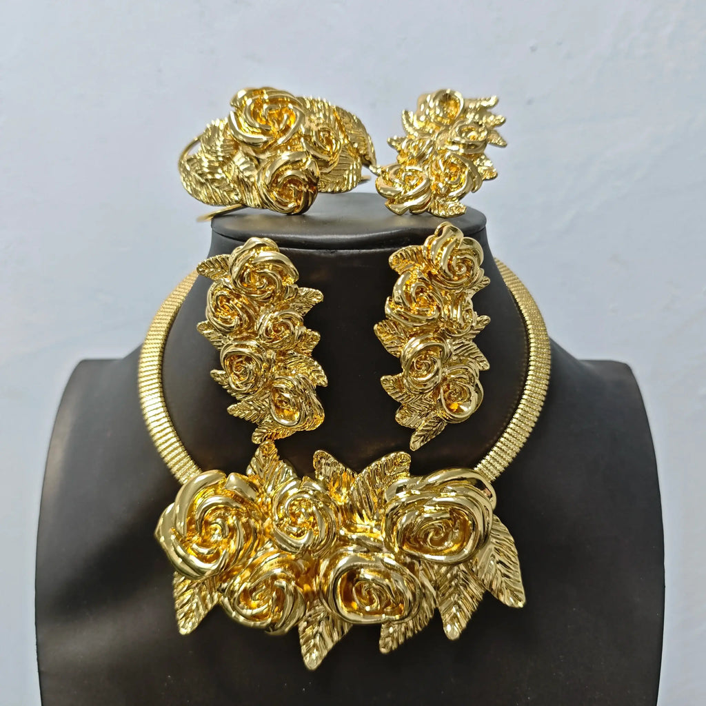 Elegant Plated Jewelry Set - Necklace, Earrings, Ring, Bracelet