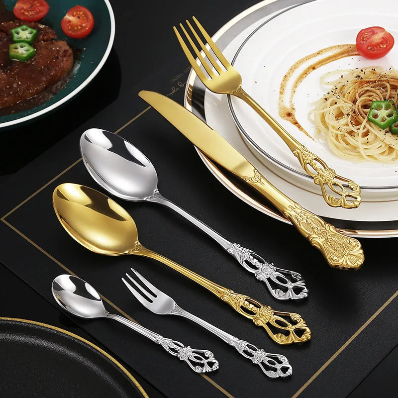 Elegant European Relief Flatware Set - Stainless Steel Tableware