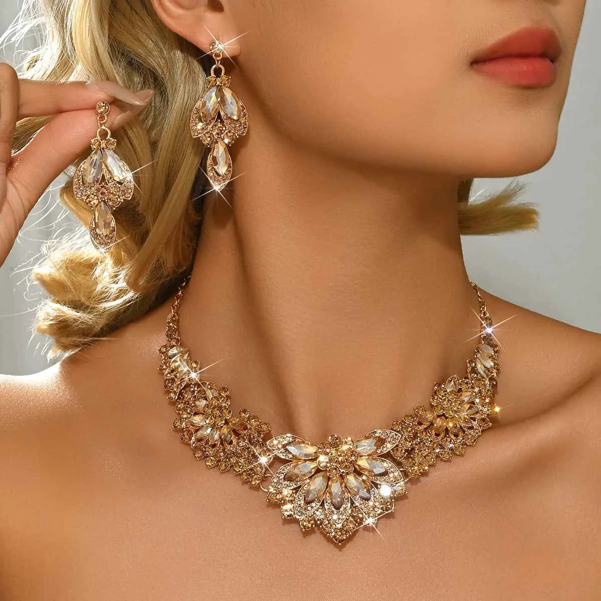 Luxury Purple Crystal Jewelry Set - Gold Rhinestone Necklace & Earrings