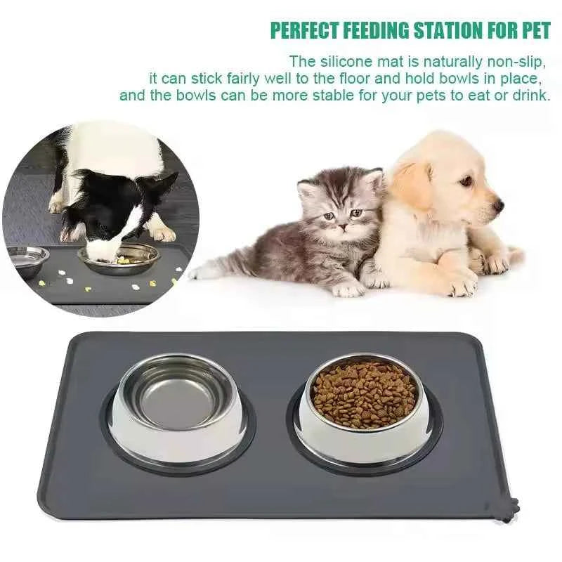 Silicone pet feeding mat - gray rectangular mat with raised edges, suitable for dog and cat bowls