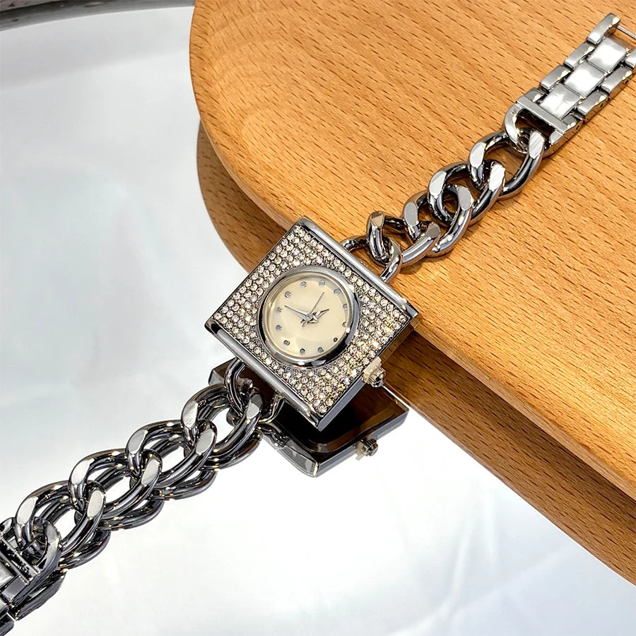 Elegant Diamond Chain Women's Watch - Luxury Square Head