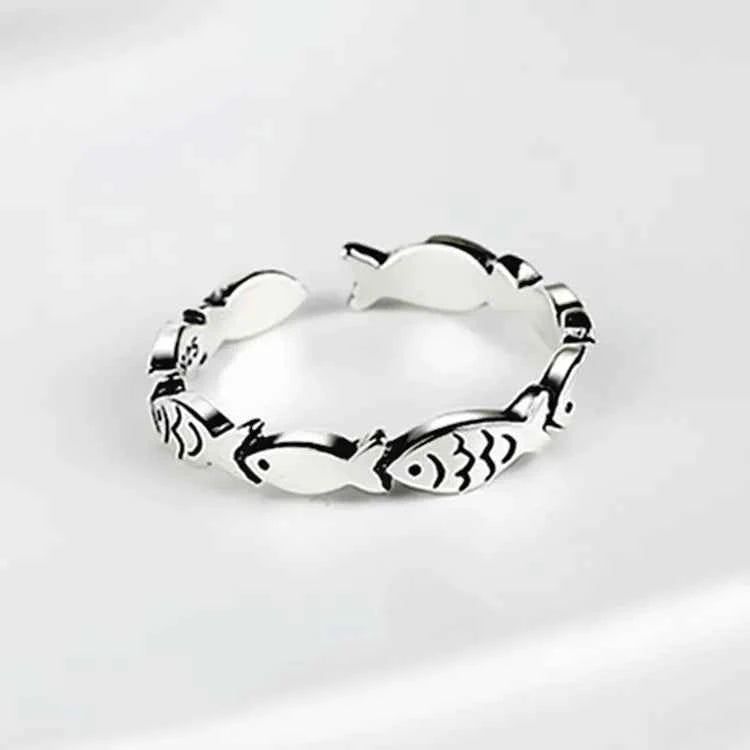 Exquisite Sterling Silver Fish Ring - Adjustable Open Band