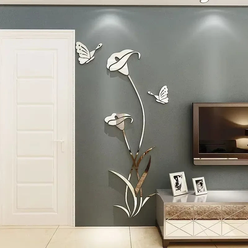Elegant Butterfly Lily Wall Decals - Acrylic Mirror Art