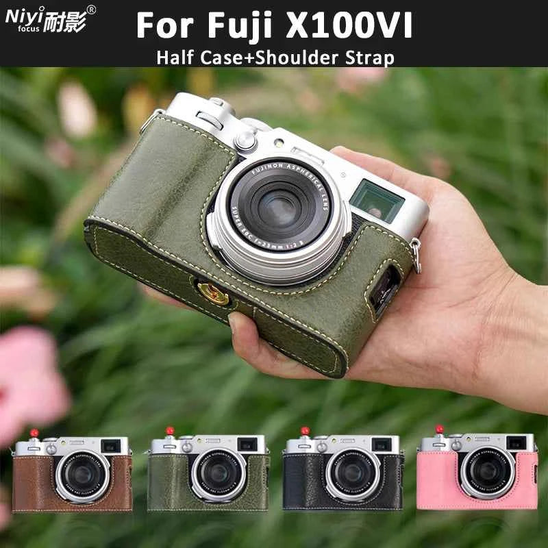 Fujifilm X100VI half case in brown man-made leather with included shoulder strap