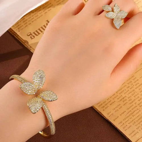 Elegant Flower Zircon Jewelry Set - Bracelet & Ring