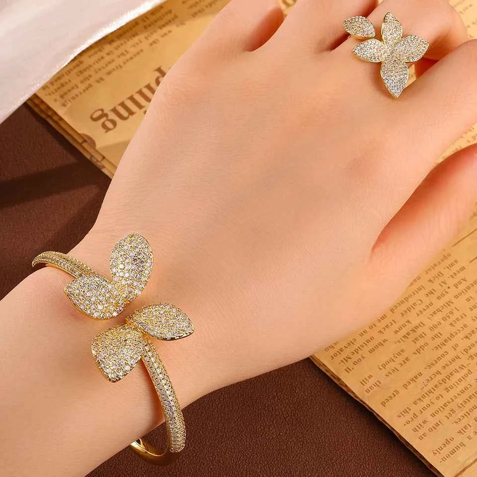 Elegant Flower Zircon Jewelry Set - Bracelet & Ring