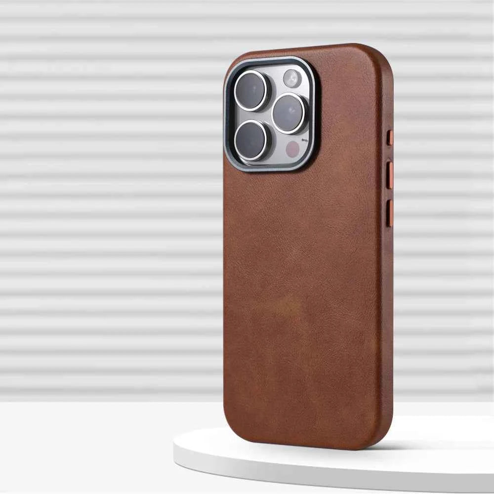 Luxury Retro Leather MagSafe Phone Case with Alloy Lens