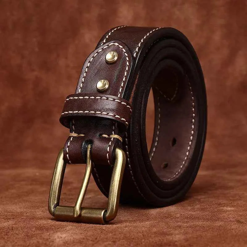 Premium men's genuine leather belt with brass pin buckle in black