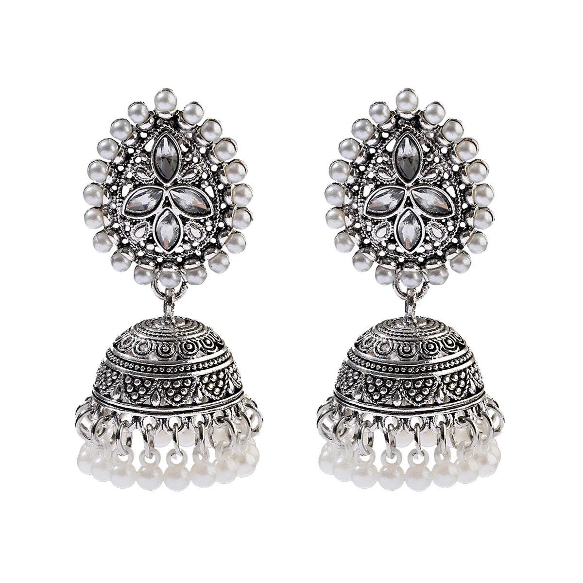 Elegant Indian Jhumka Earrings - Silver Flower Tassel Dangle Design