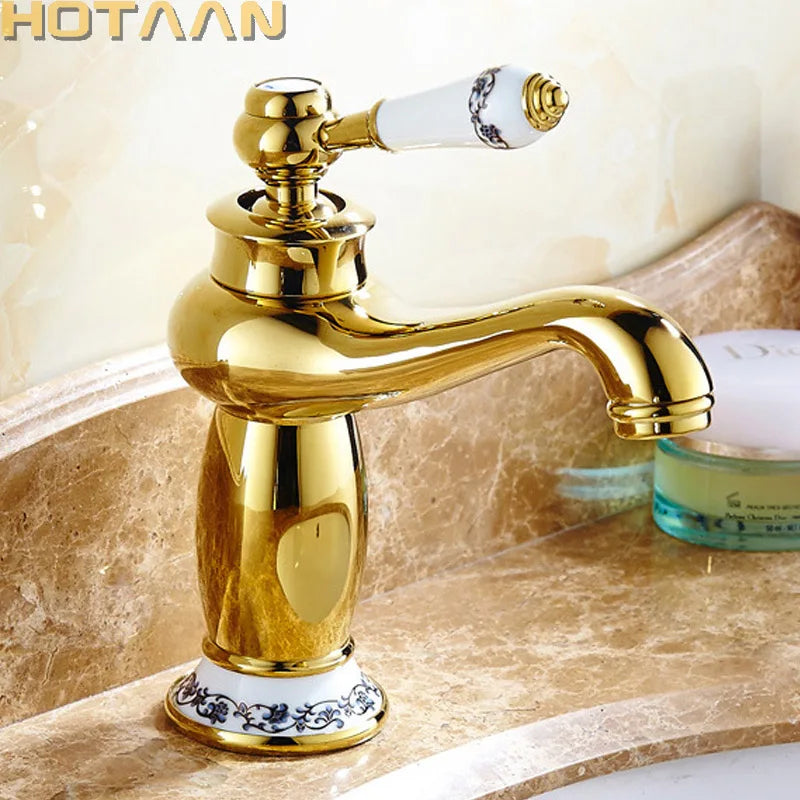 Luxury Gold Basin Faucet - single handle brass design with hot and cold ceramic taps