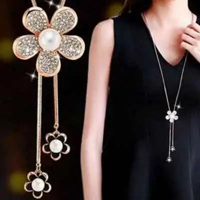Luxury Crystal Flower Long Sweater Necklace - Elegant Pendant