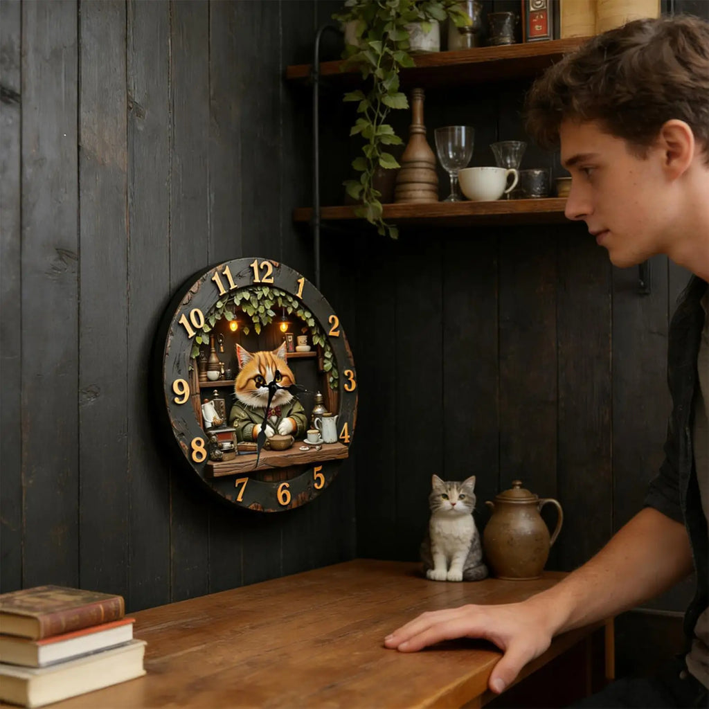 Premium Cat Theme Wall Clock - Silent Wooden Decor