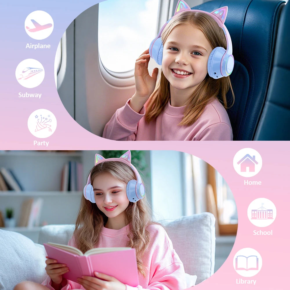 Premium RGB Cat Ear Headphones - Wireless Bluetooth 5.3 & Mic