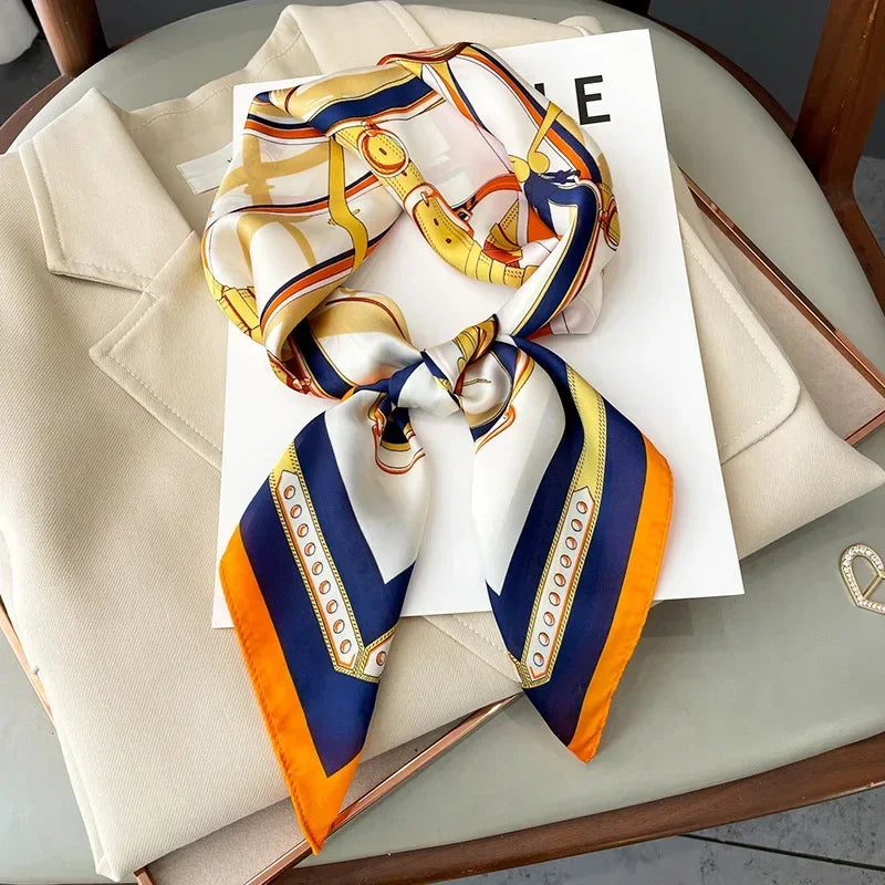 Luxury Chain Print Silk Square Scarf - Soft Satin Neckerchief