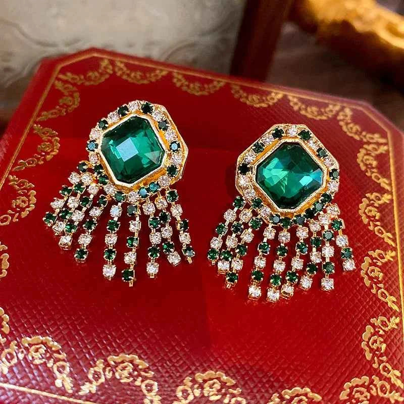 Luxury Emerald Crystal Tassel Earrings - Vintage Geometric