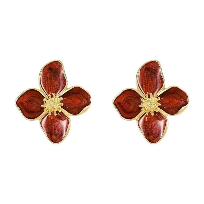 Elegant Retro Drip Glaze Red Flower Earrings - Luxury Jewelry