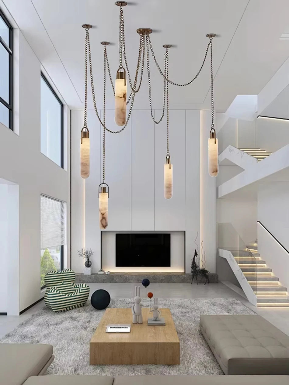 Luxury Marble Pendant Chandelier – Premium Solid Brass Multi-Light Ceiling Lamp for Living Room, Dining Area, Loft & Staircase Decor - Tulique
