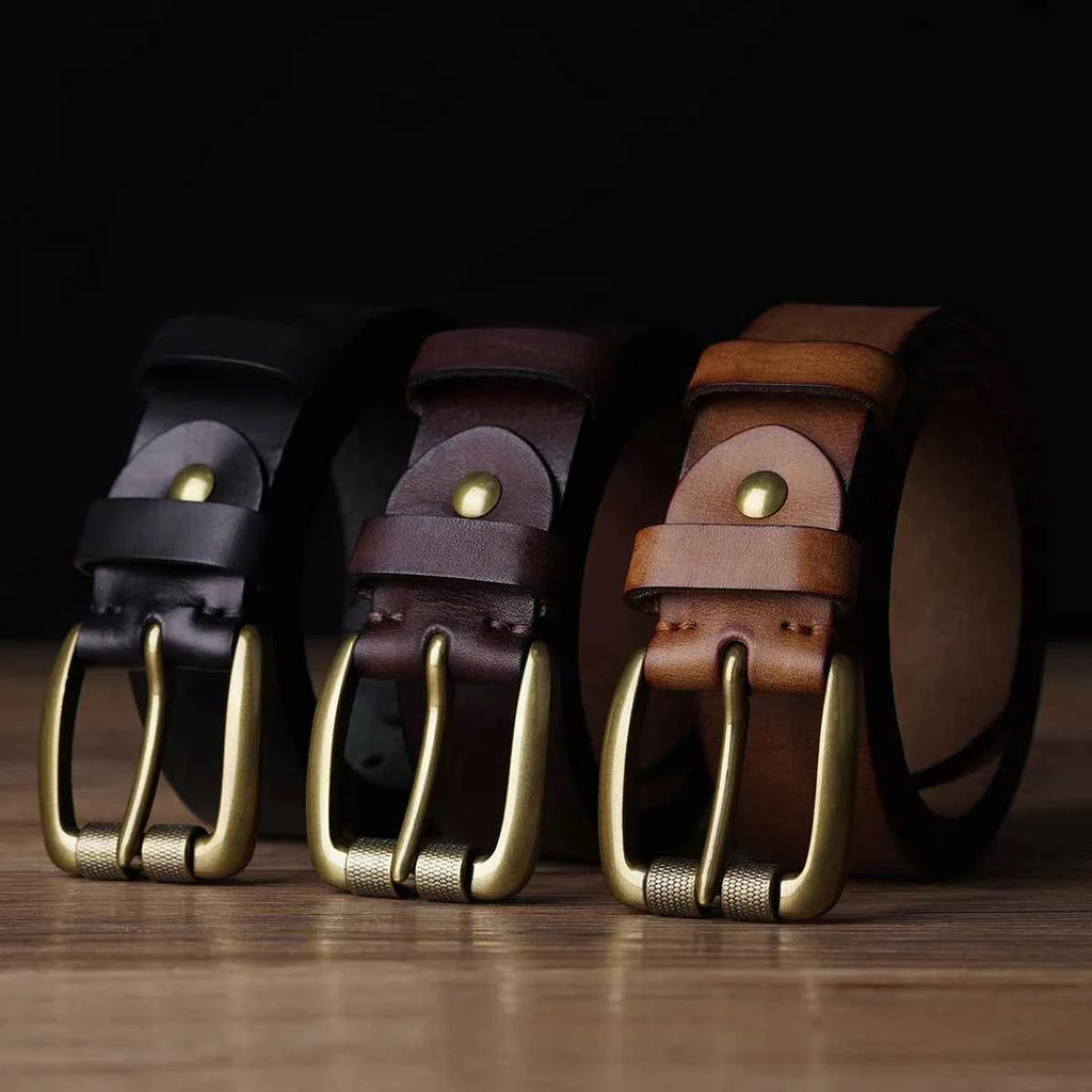 BISON DENIM Retro Cowskin Leather Men's Belt - Brown vintage pin buckle style