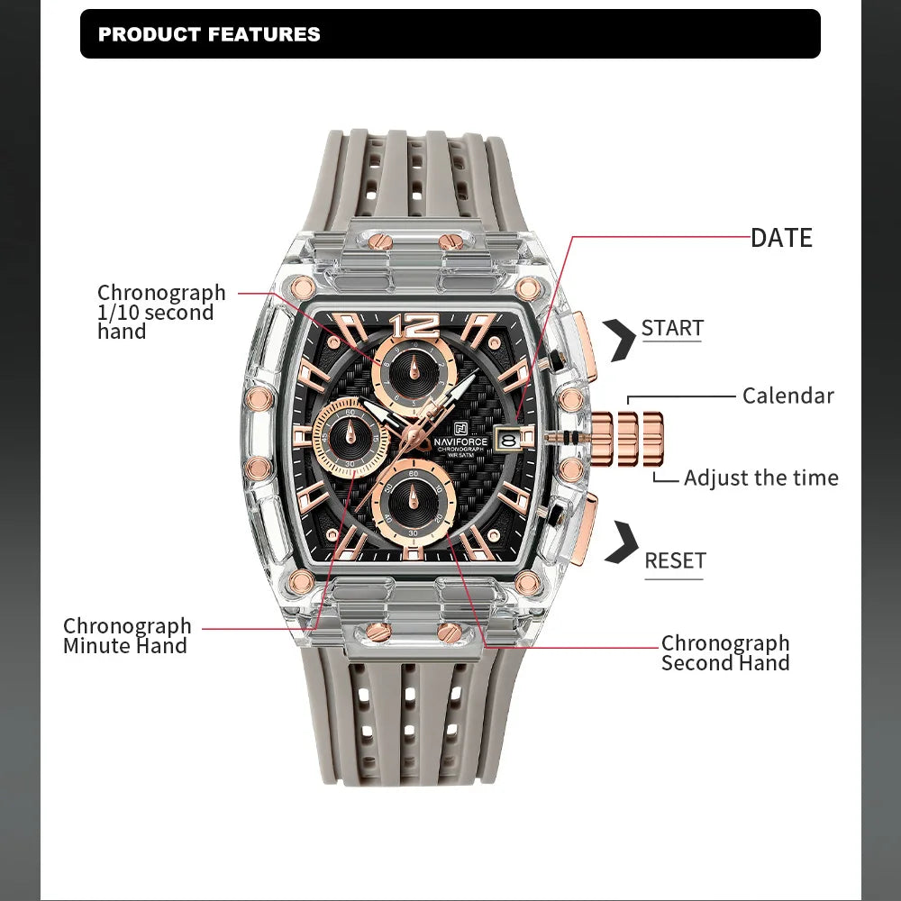 New NAVIFORCE Men's Quartz Multifunction Watches Fashion Sports Chronograph 5ATM Waterproof Silicone Band Casual Man Wrist Watch - Tulique