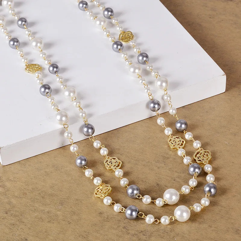 Elegant Long Pearl Necklace - Multilayer Camellia Flower Design