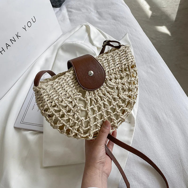Elegant Straw Semicircle Bag - Chic Summer Crossbody
