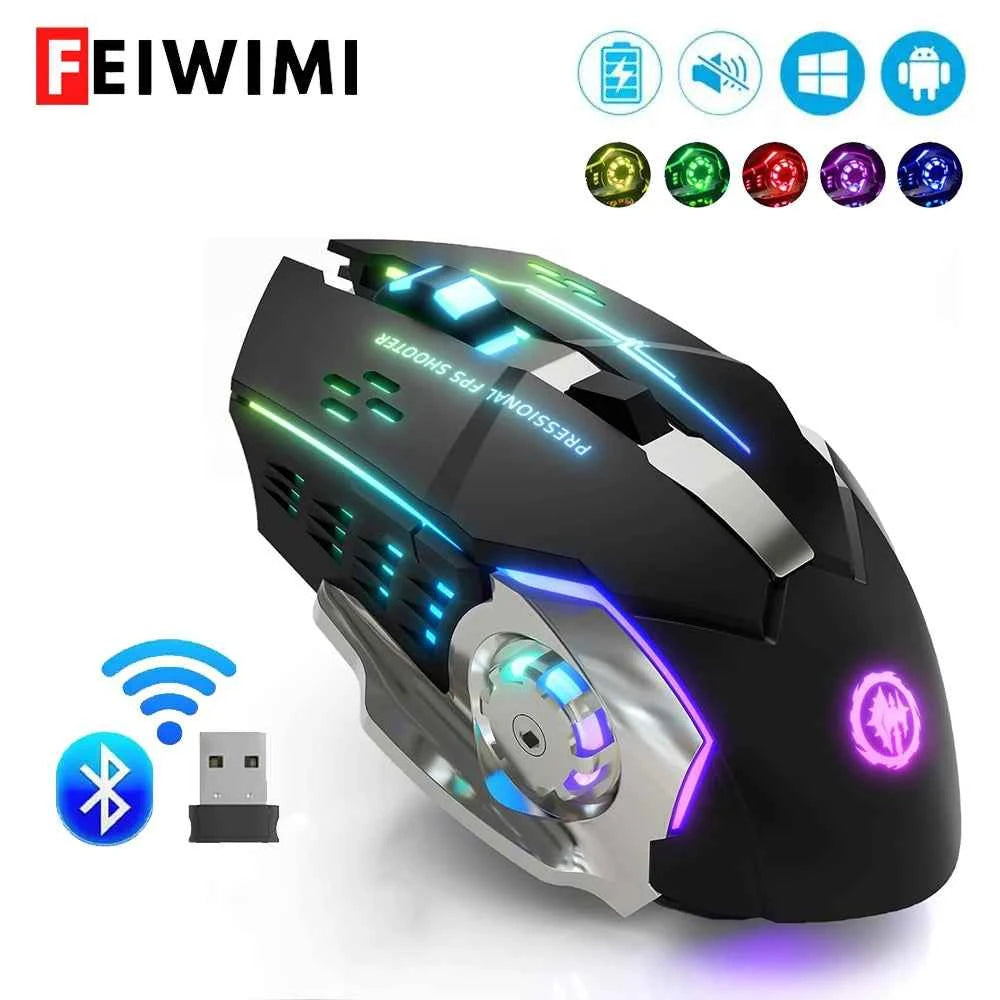 Rechargeable wireless mouse - black ergonomic design with RGB backlit on desk