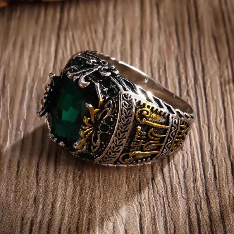 Retro Men's Luxury Green Gemstone Ring - Statement Band