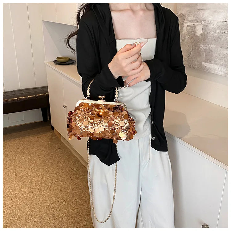 Elegant Sequins Evening Clutch Bag - Bling Chain Strap