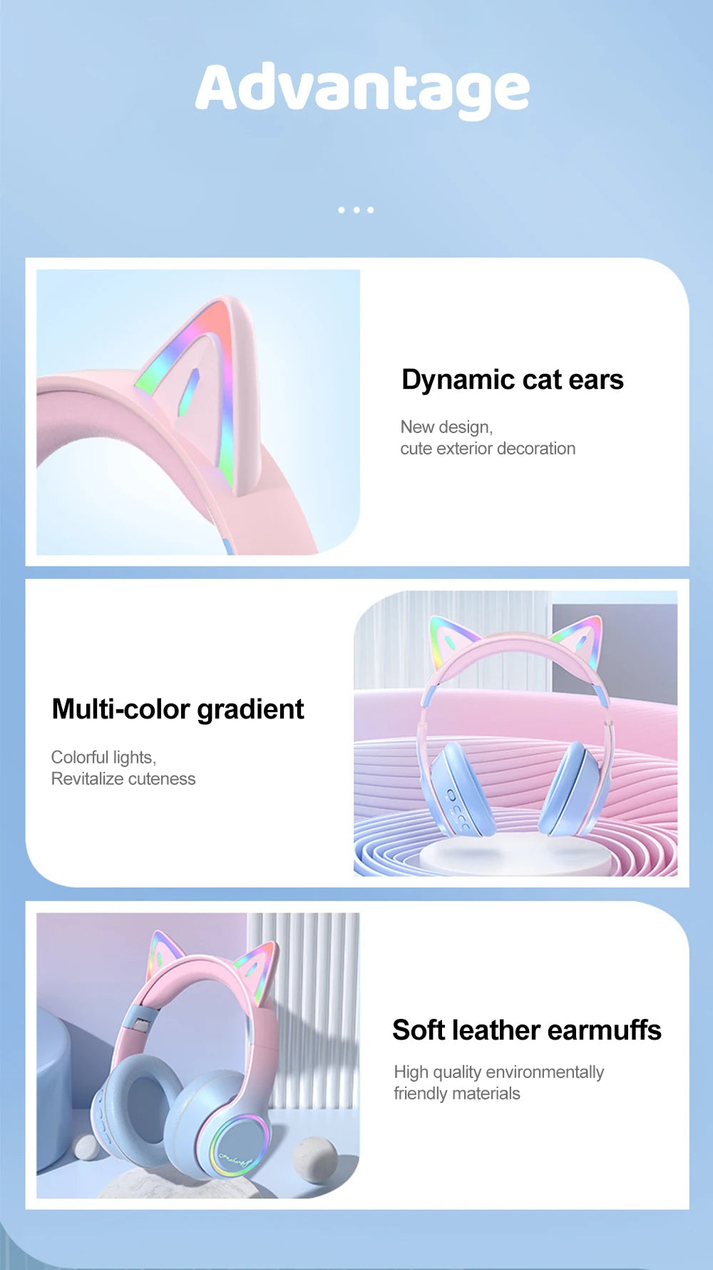 Premium RGB Cat Ear Headphones - Wireless Bluetooth 5.3 & Mic