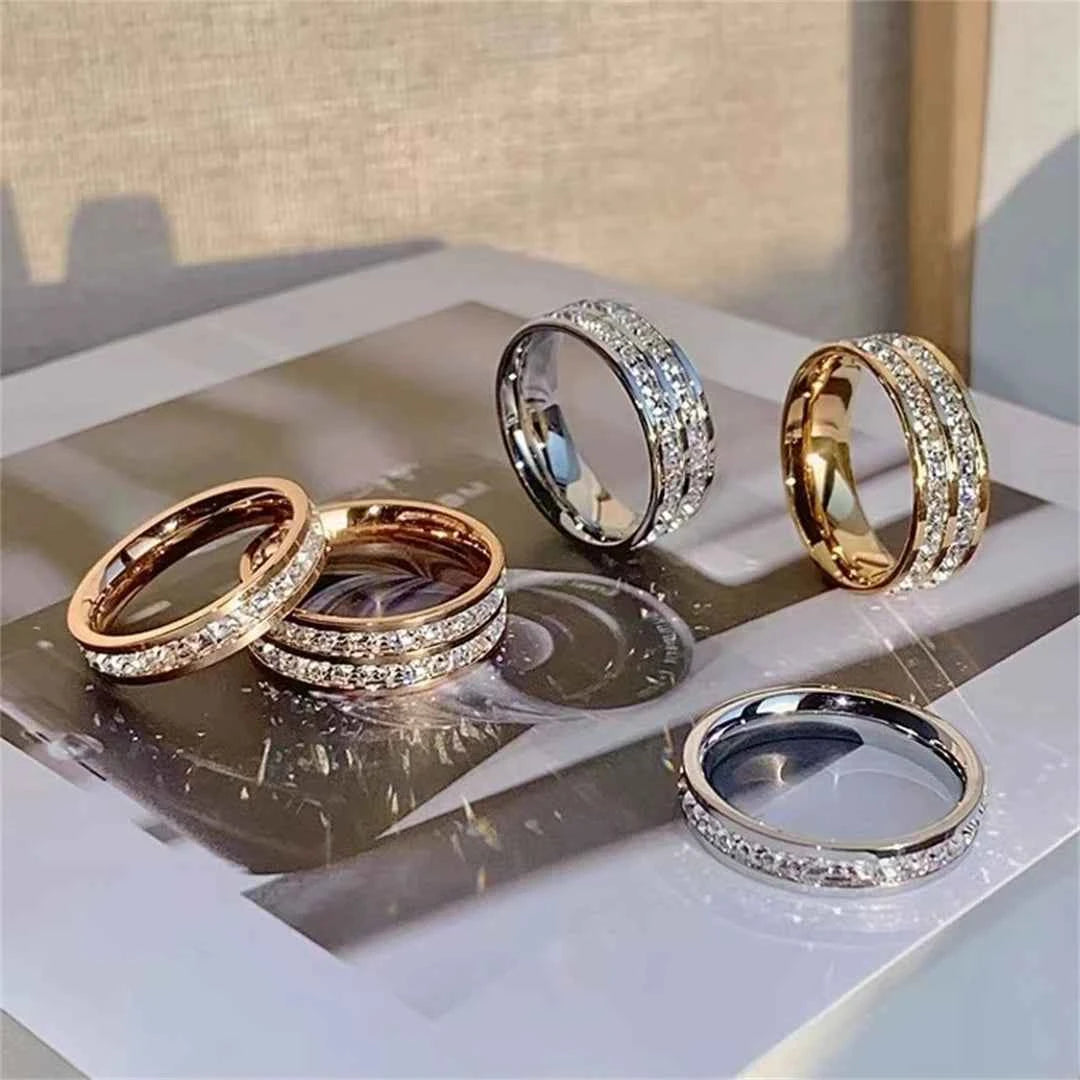 Elegant Stainless Steel Ring - Rose Gold Zircon Wedding Band