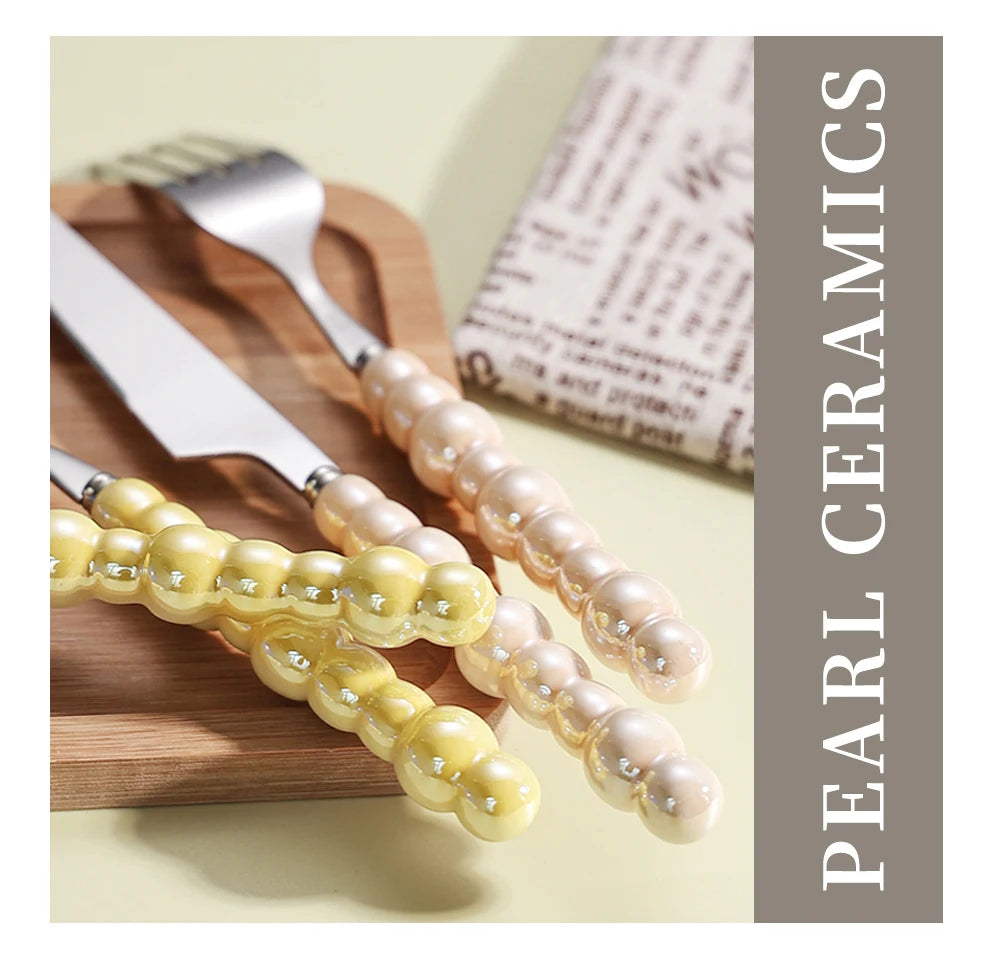 Luxury Pearl Flatware Set - Premium Ceramic Handle Cutlery