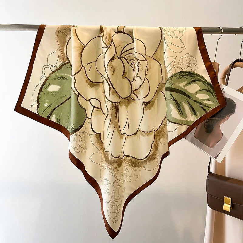 Luxury Square Silk Scarf - Elegant Tree Print Neck Shawl