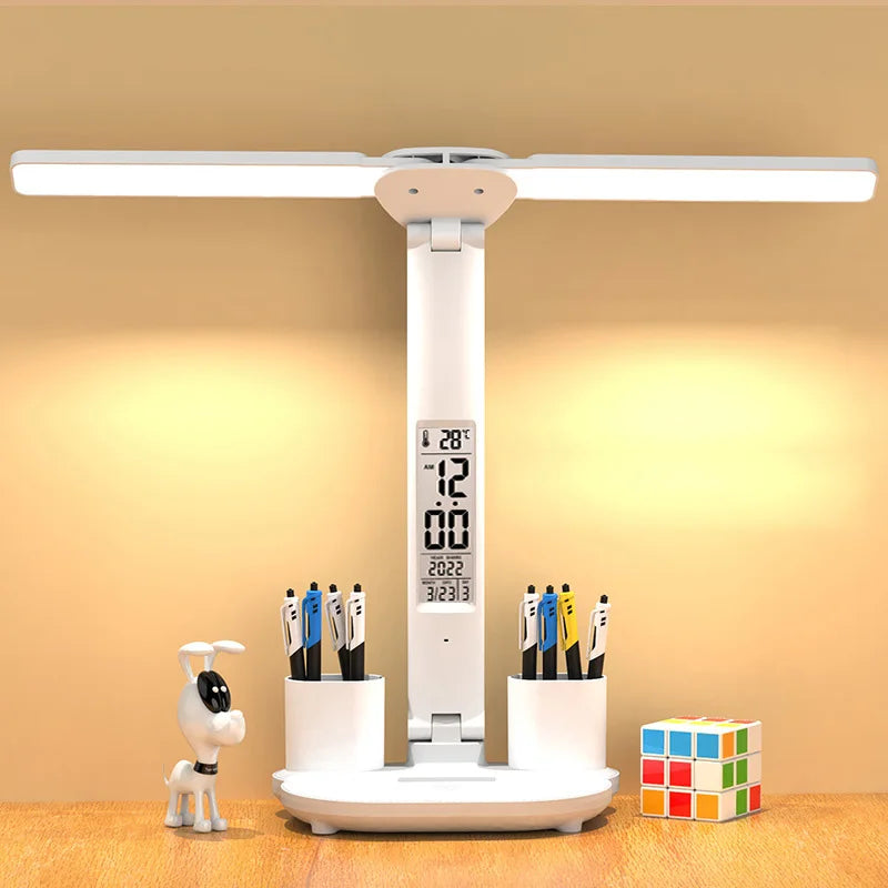 LED Desk Lamp - Multifunction table lamp with digital calendar, USB touch control, and pen holder in a modern white finish