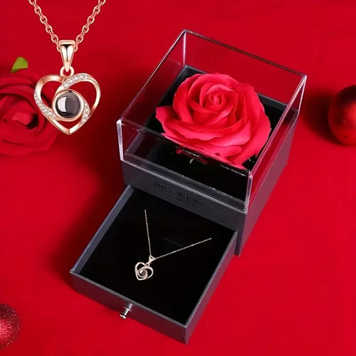 Permanent rose gift box - elegant preserved rose with delicate necklace inside a black gift box