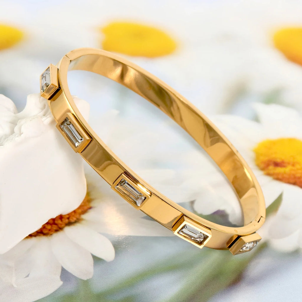 Elegant Gold Zircon Bangle - Stainless Steel & Retro Design