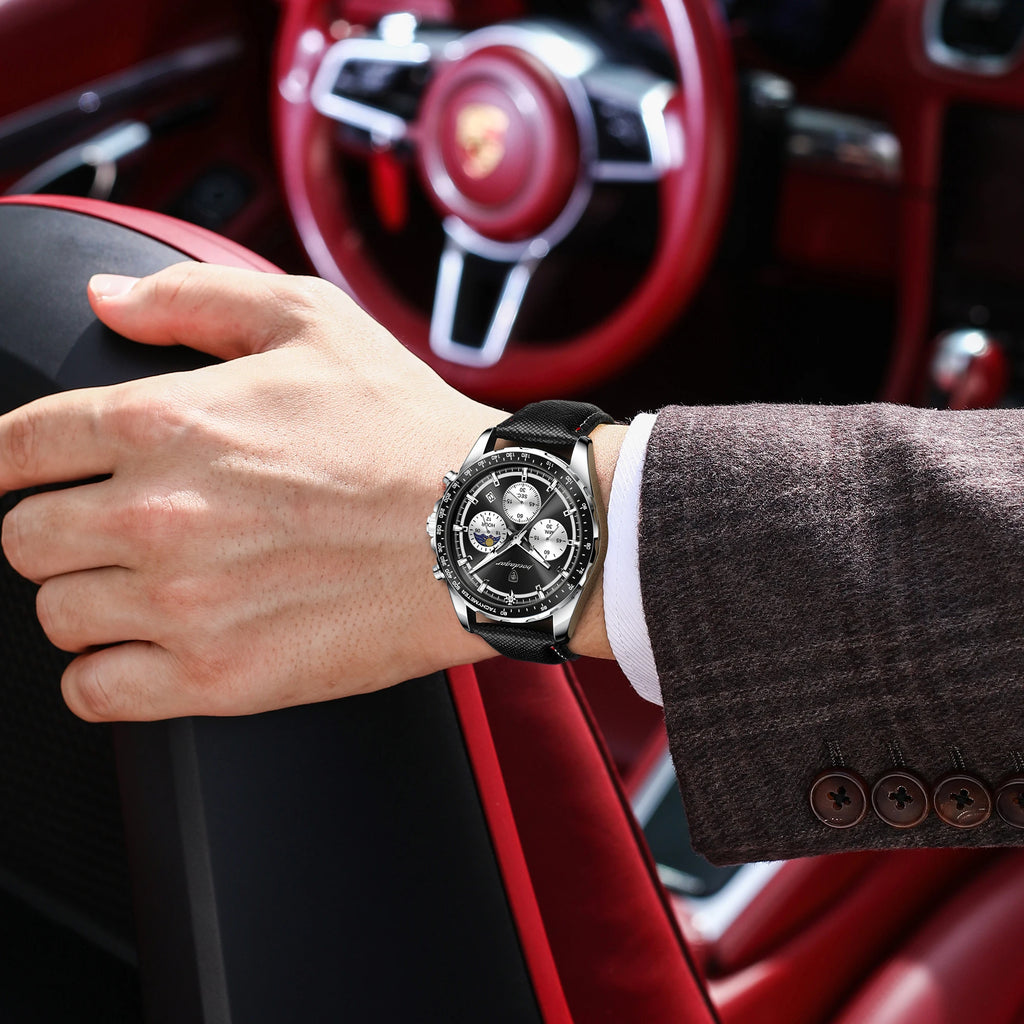 Premium Men's Leather Chronograph Watch - Luminous & Waterproof