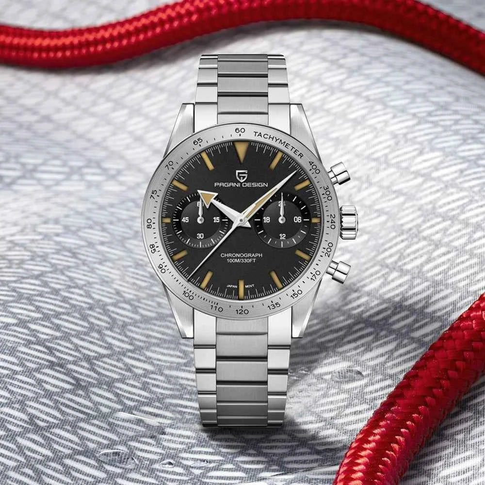 Men's luxury quartz watch with chronograph and luminous hands on a stainless steel bracelet.