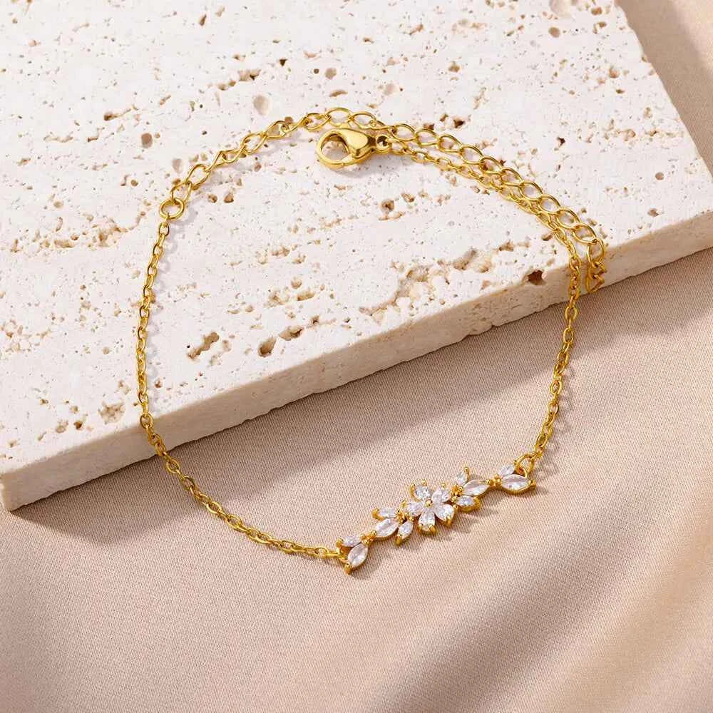 Elegant Zircon Flowers Bracelet - Luxury Gold Steel Jewelry