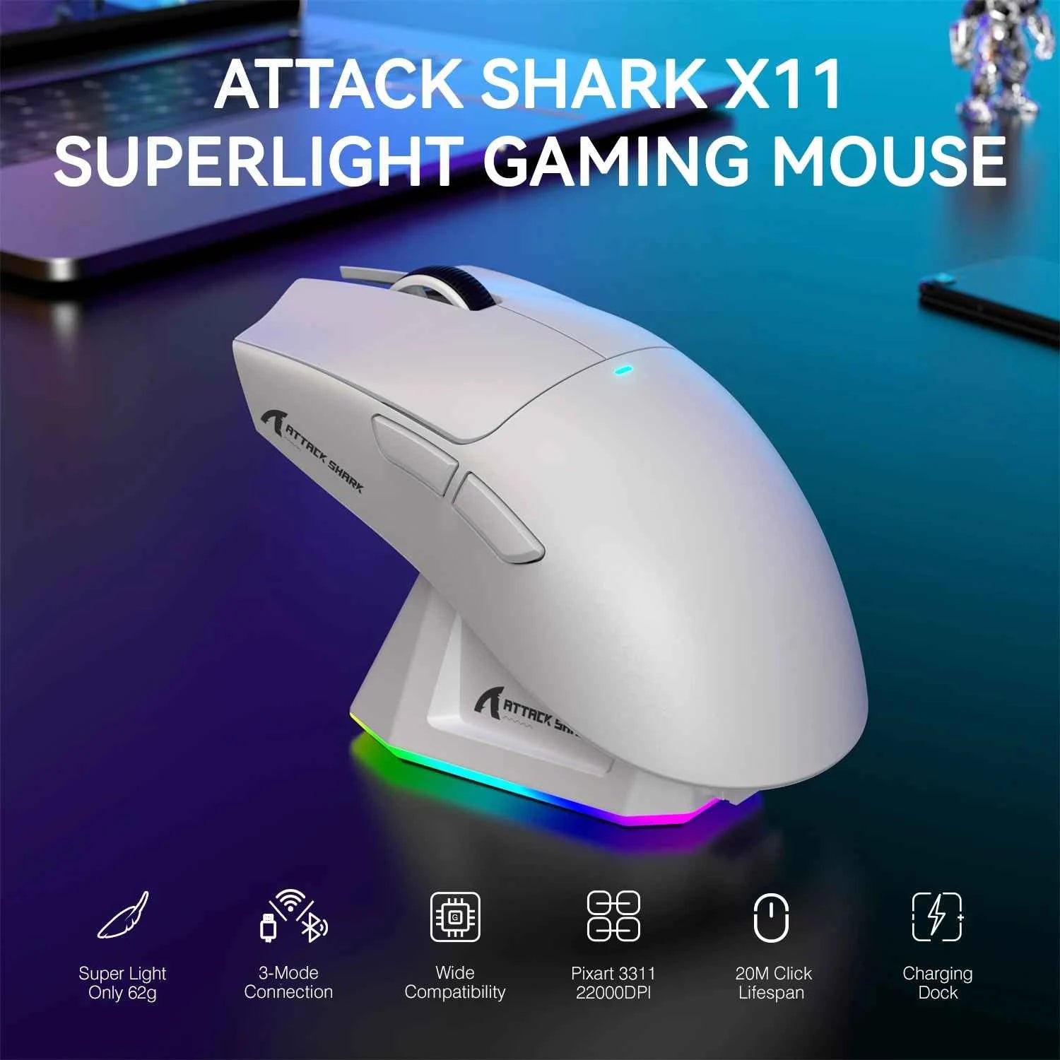 Lightweight wireless gaming mouse - RGB backlit design in black with ergonomic shape