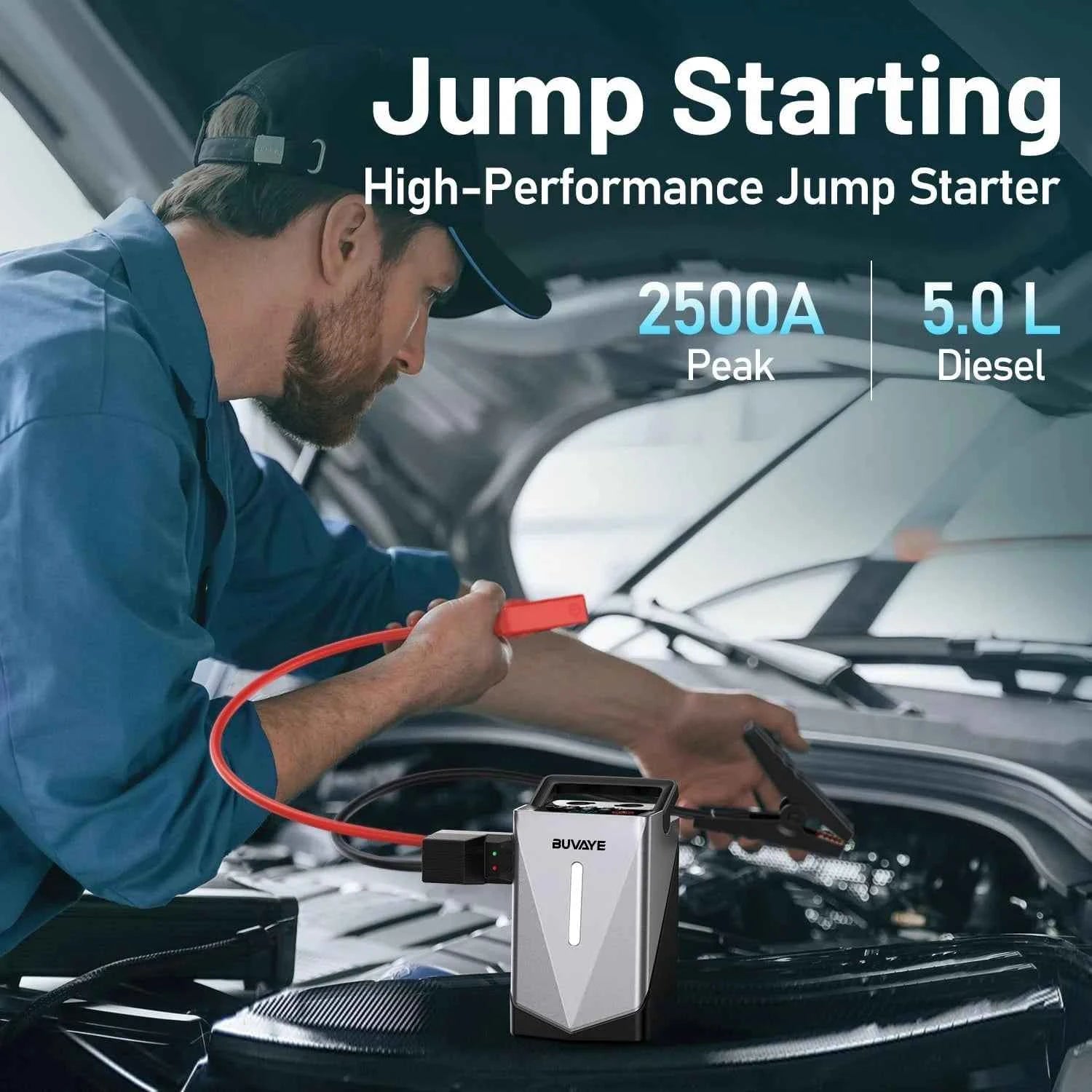BUVAYE Portable Jump Starter 150PSI Air Compressor With Air Pump 2500A Booster Car Jump Starter Device Power Bank