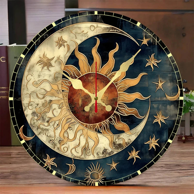Celestial Wooden Wall Clock - round, silent, with sun and moon motif on natural wood