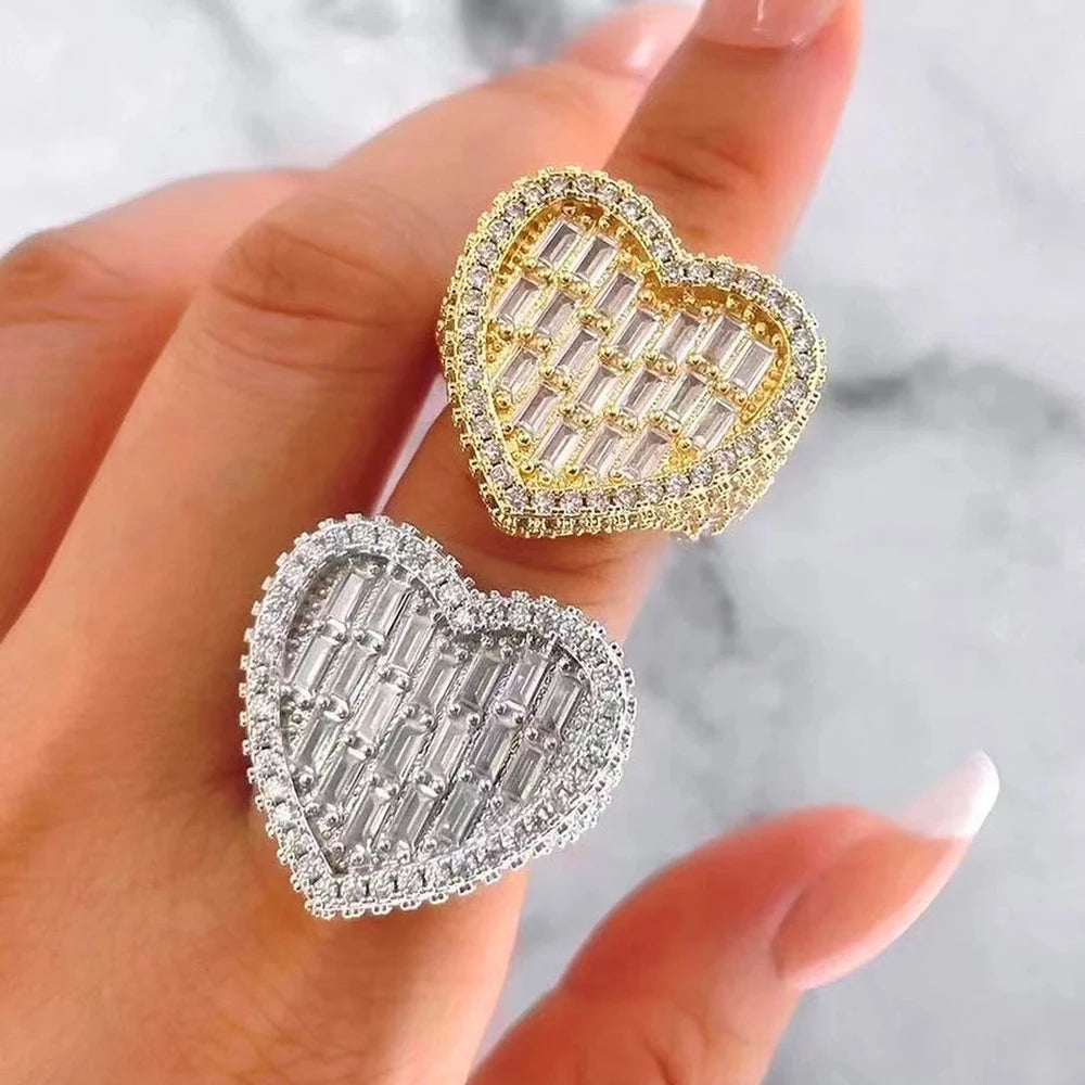 Elegant Iced Out Heart Engagement Ring - Gold & Silver