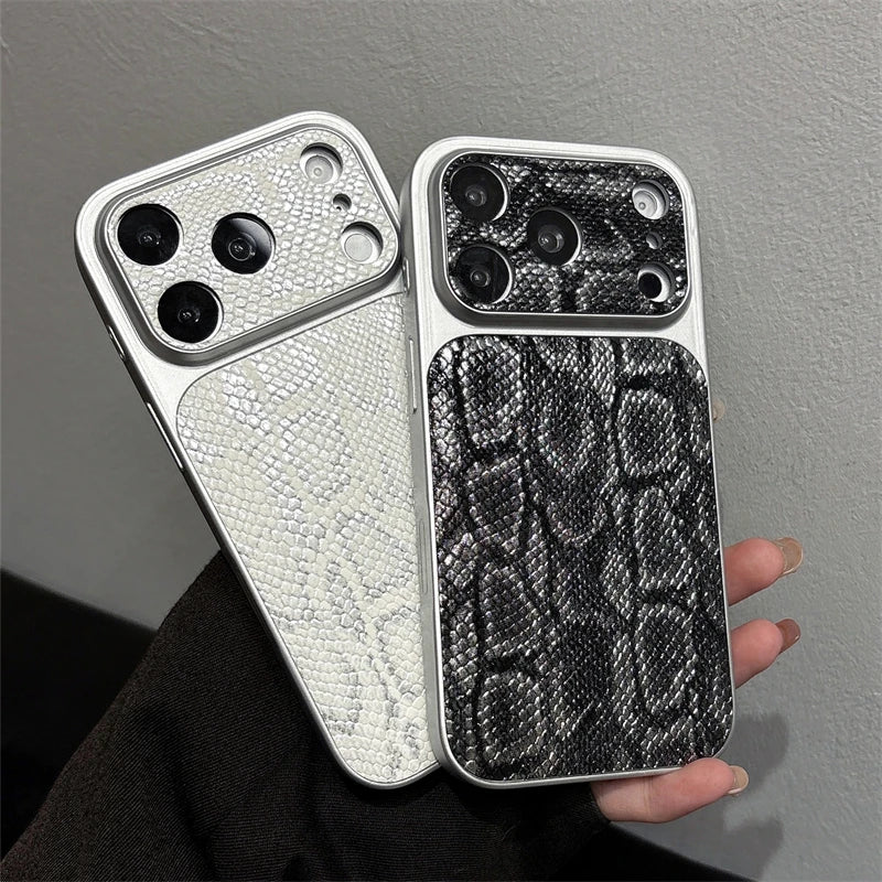 Premium leather iPhone case - black leather texture with glossy plating bumper and full coverage