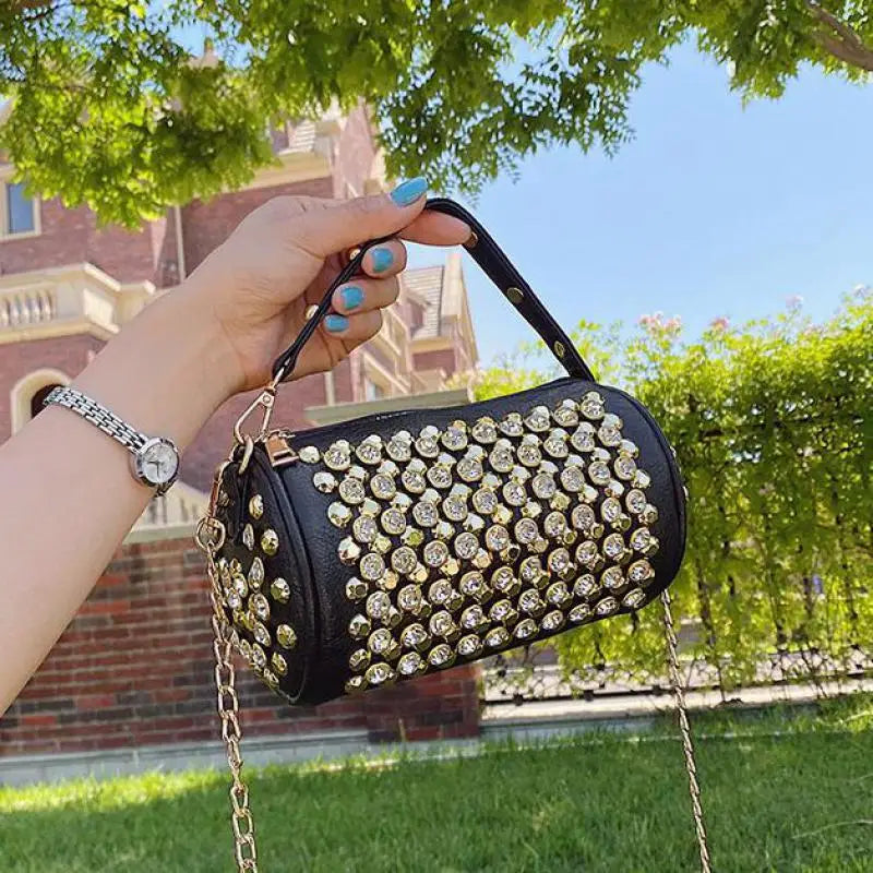 Elegant Cylindrical Shoulder Bag - Luxury Studded Design